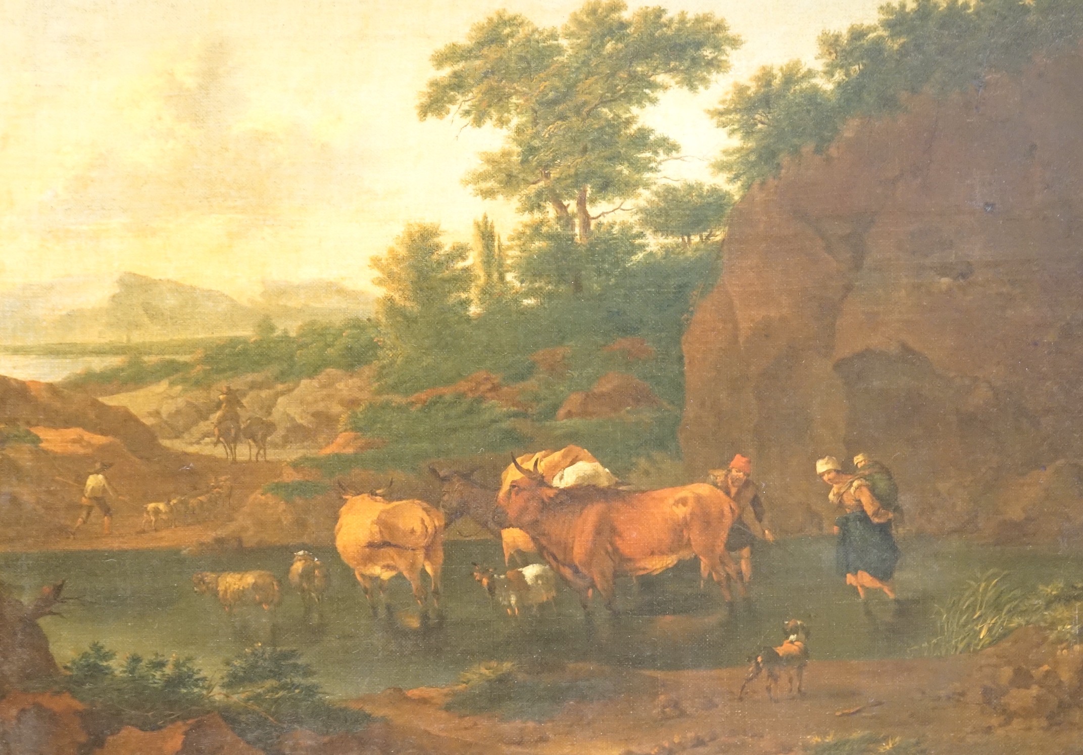 After Nicholaes Berchem (1620-1683), oil on canvas laid on panel, Drover crossing a stream, 41 x 56cm